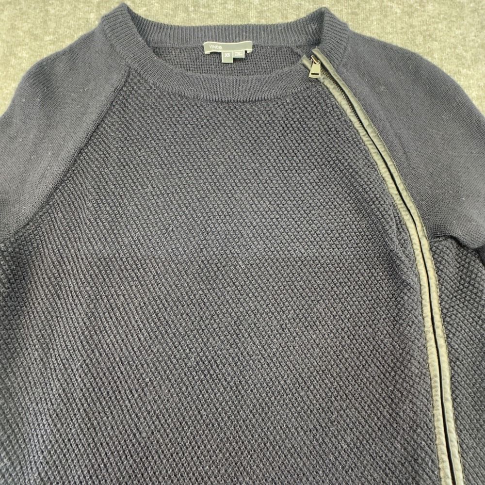 Vince Textured Knit leather Asymmetrical zip navy sweater Womens XS - Picture 5 of 9